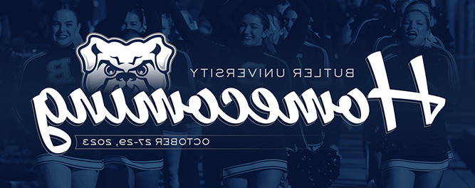 blue background of cheerleaders, white text Butler University Homecoming October 27-29, 2023
