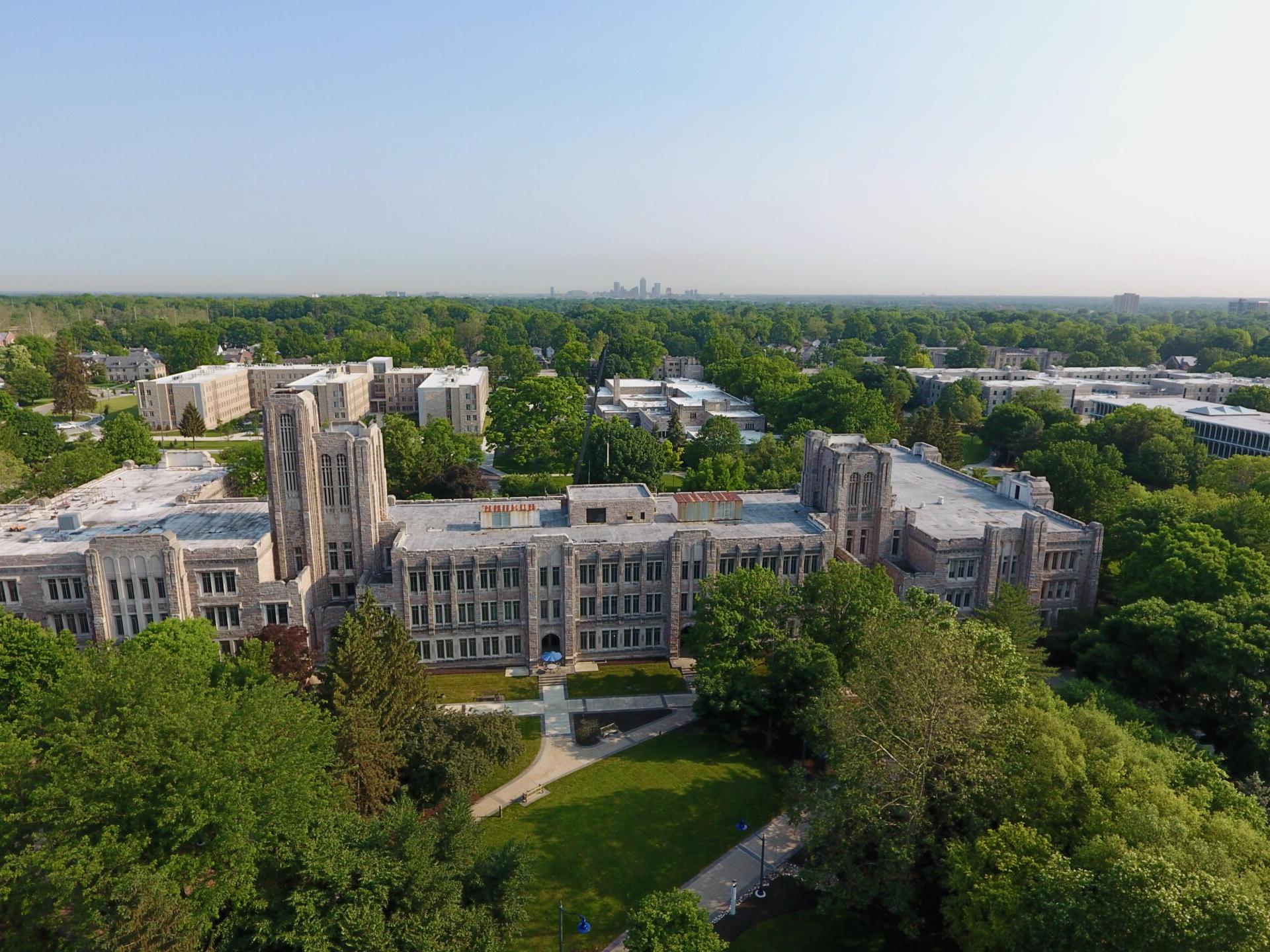 aerial view of Butler university, skyline of Indianapolis in the distance